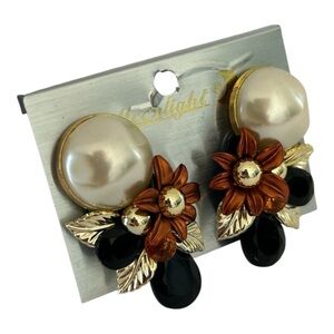Vintage 80’s Floral Faux Pearl Drop Clip-On Earrings by Moonlight